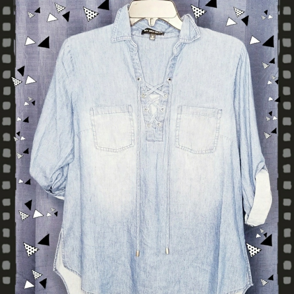 Lace Up Blue Jean Blouse